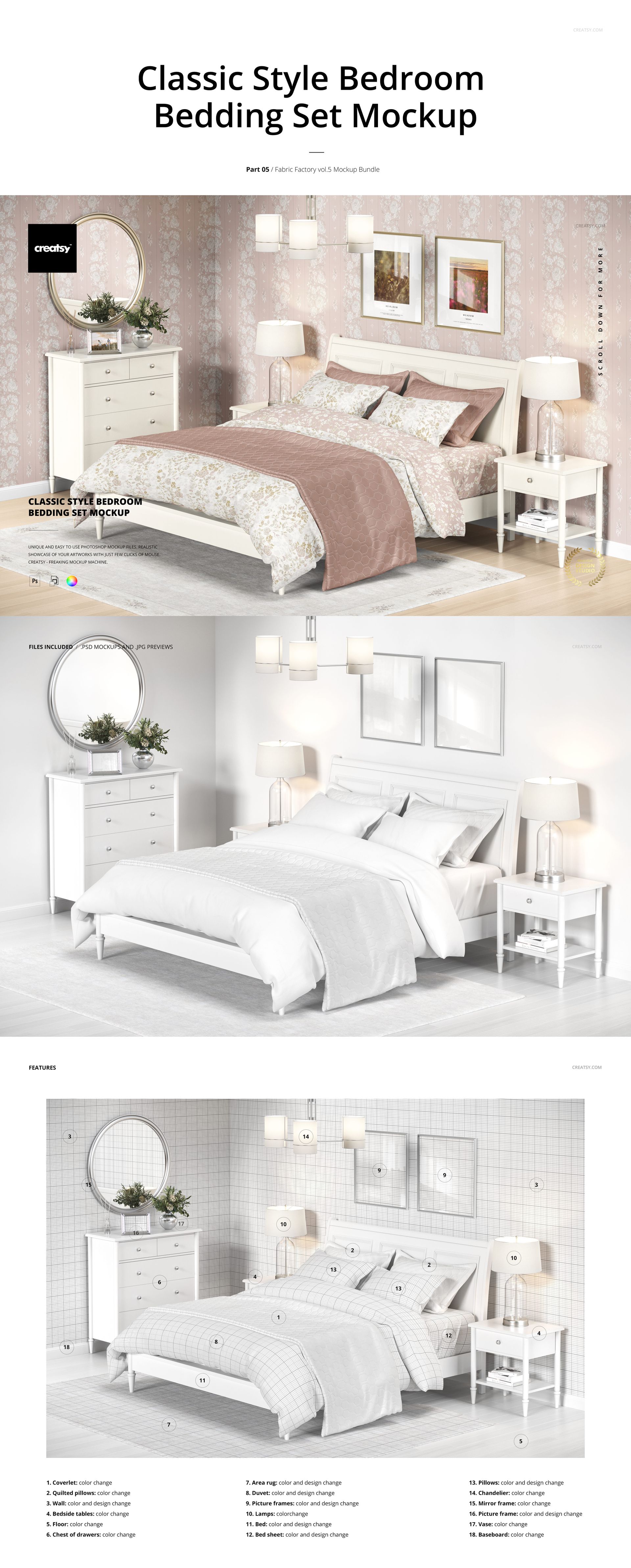 Classic style bedroom mockup with a bed, white furniture, patterned wallpaper, and soft lighting in a home setting.