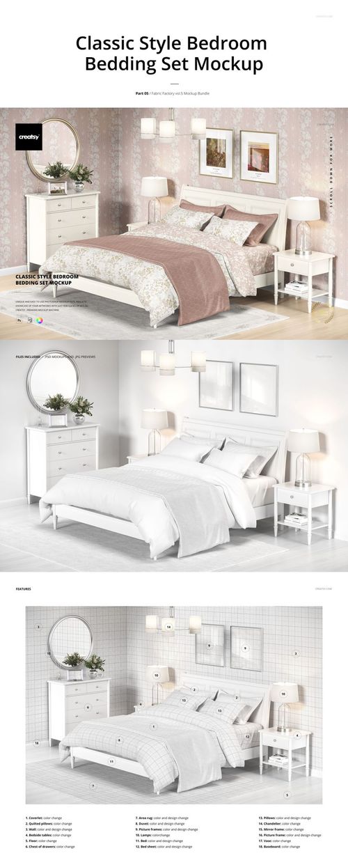 Classic style bedroom mockup with a bed, white furniture, patterned wallpaper, and soft lighting in a home setting.