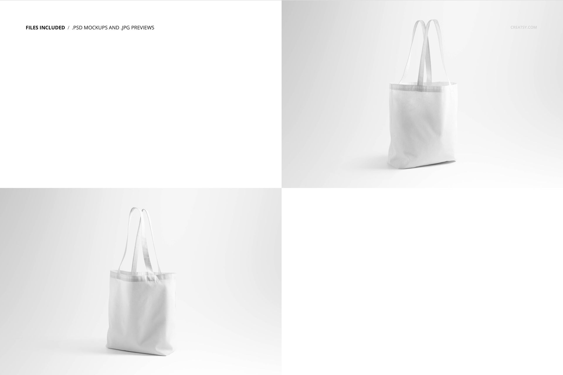 White tote bag mockup displayed from two angles on a plain background, showing front and side views.