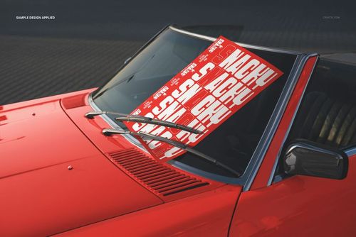 Bar poster mockup featuring a vibrant red and white design placed under the windshield wipers of a classic red car.