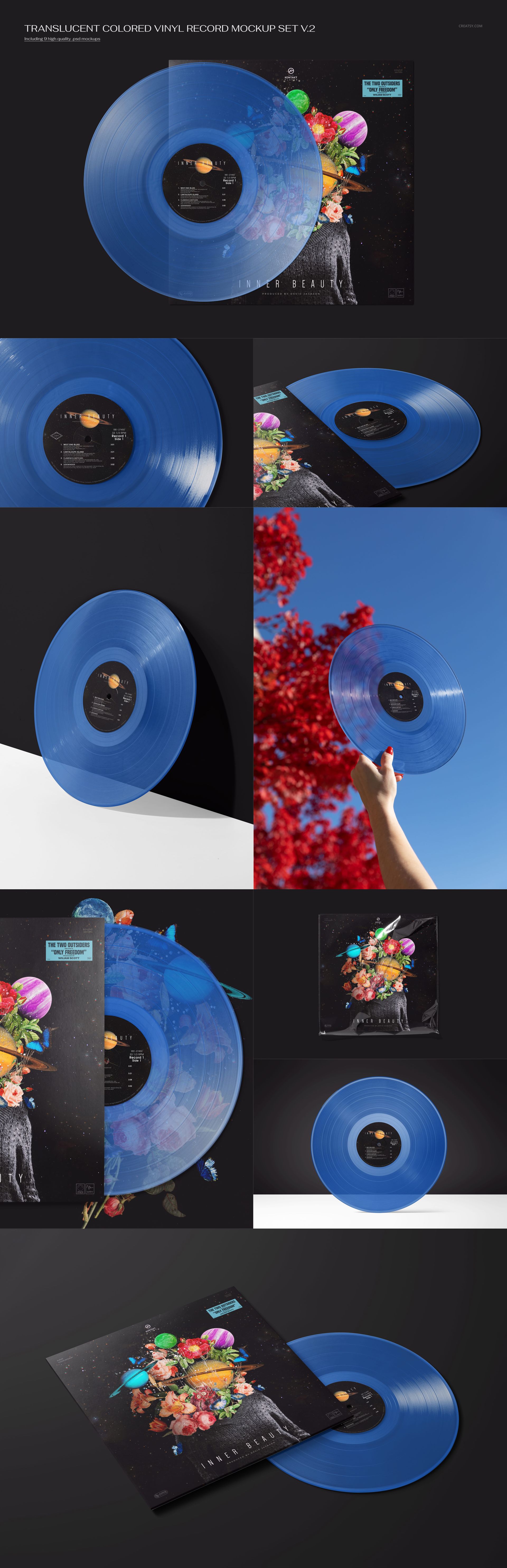 Blue vinyl record and matching album cover displayed in various settings, including studio and outdoor scenes.
