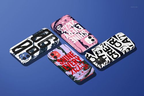 PSD mockup showing multiple iPhone 12 snap cases with vibrant graphic prints and typography, arranged diagonally on blue.