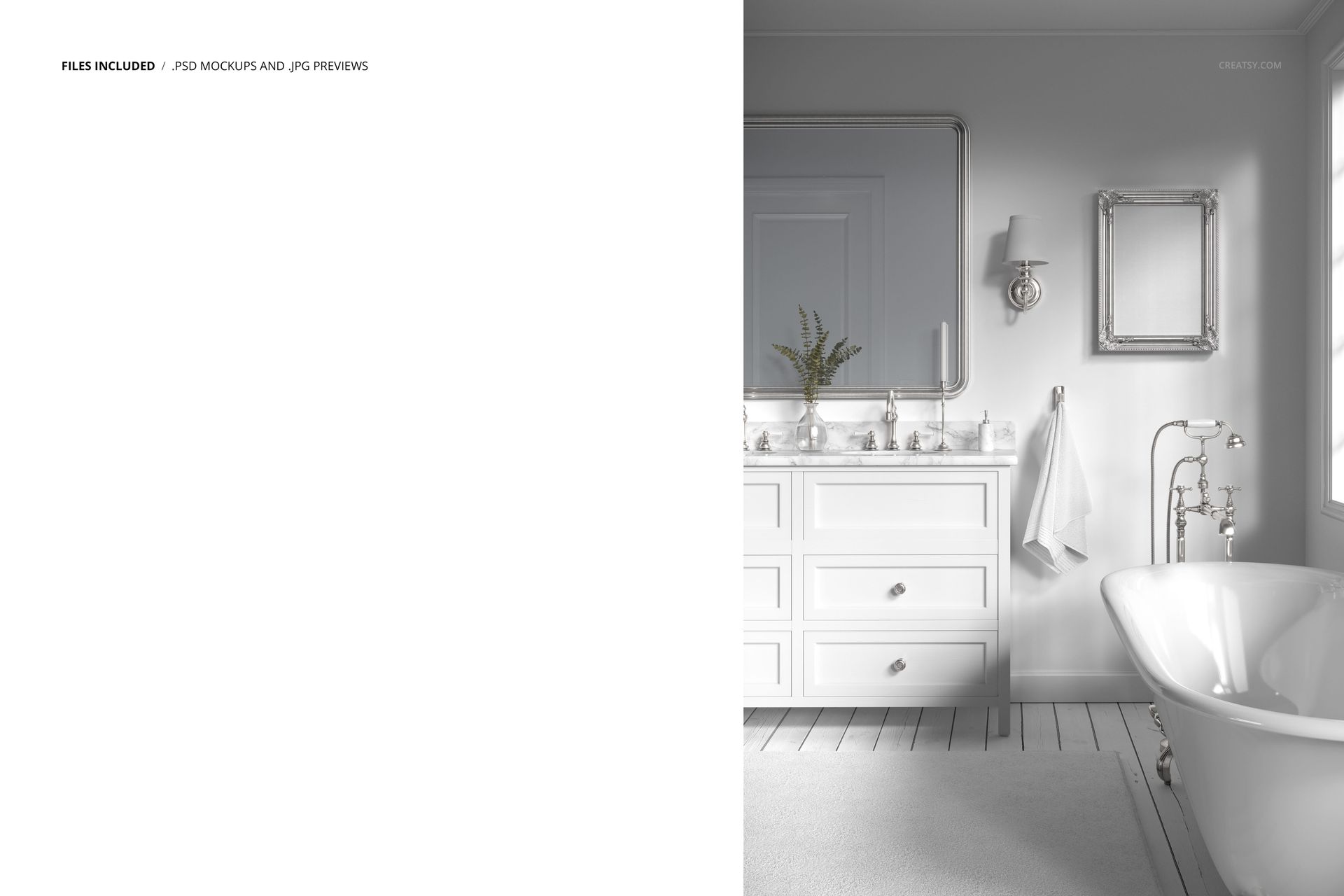 Victorian bathroom mockup featuring a clawfoot bathtub, ornate mirror, white vanity, and soft natural light.