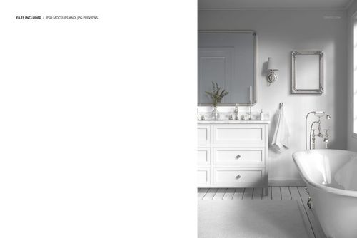 Victorian bathroom mockup featuring a clawfoot bathtub, ornate mirror, white vanity, and soft natural light.