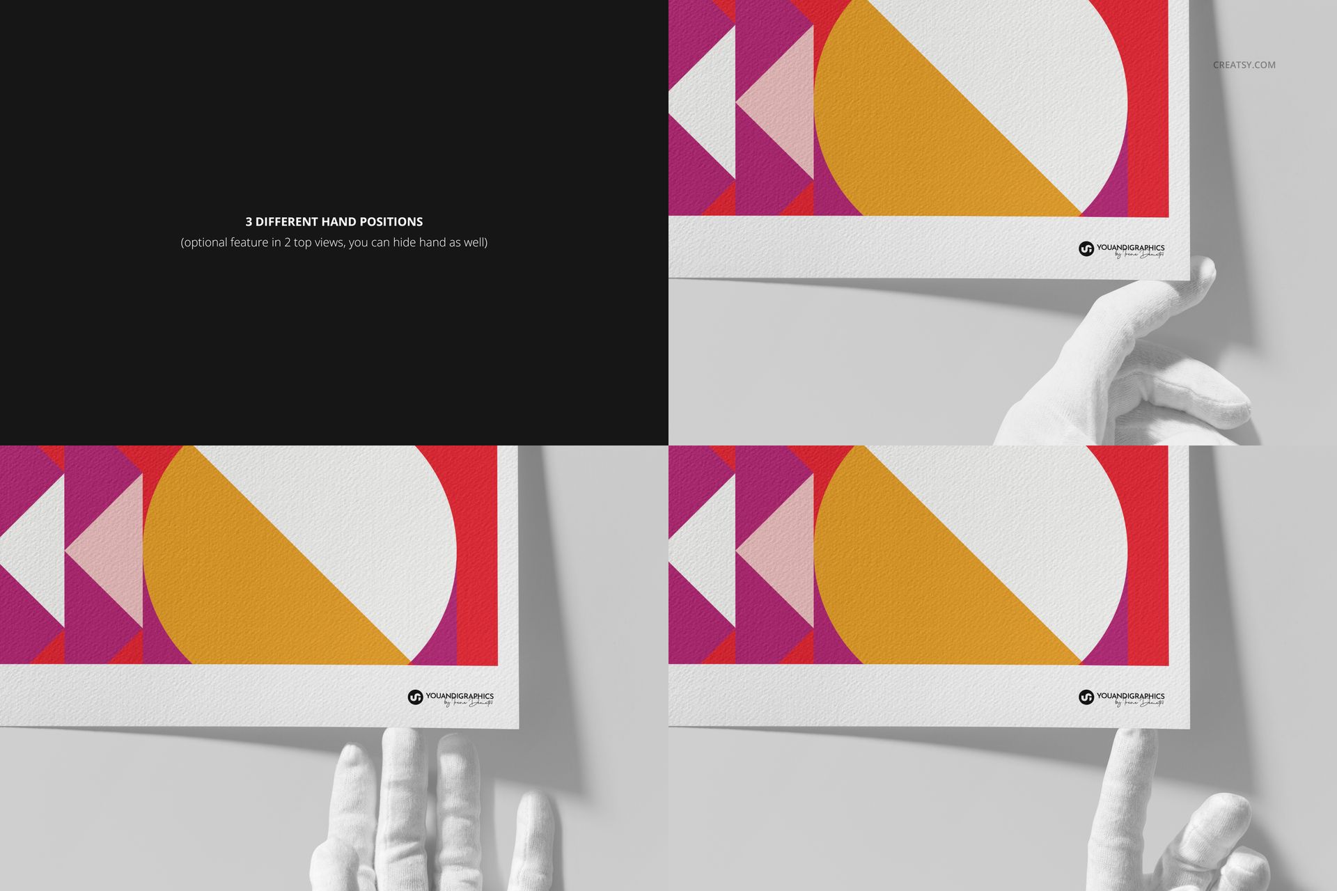 Fine art print mockup set showing a colorful geometric design on textured paper held by a hand in three positions.