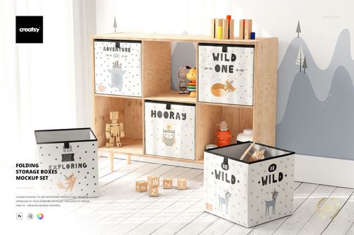 Folding storage boxes with playful animal and adventure designs displayed in a kids room, front and side views.