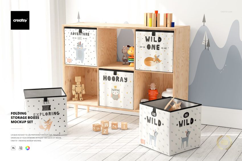 Folding storage boxes with playful animal and adventure designs displayed in a kids room, front and side views.