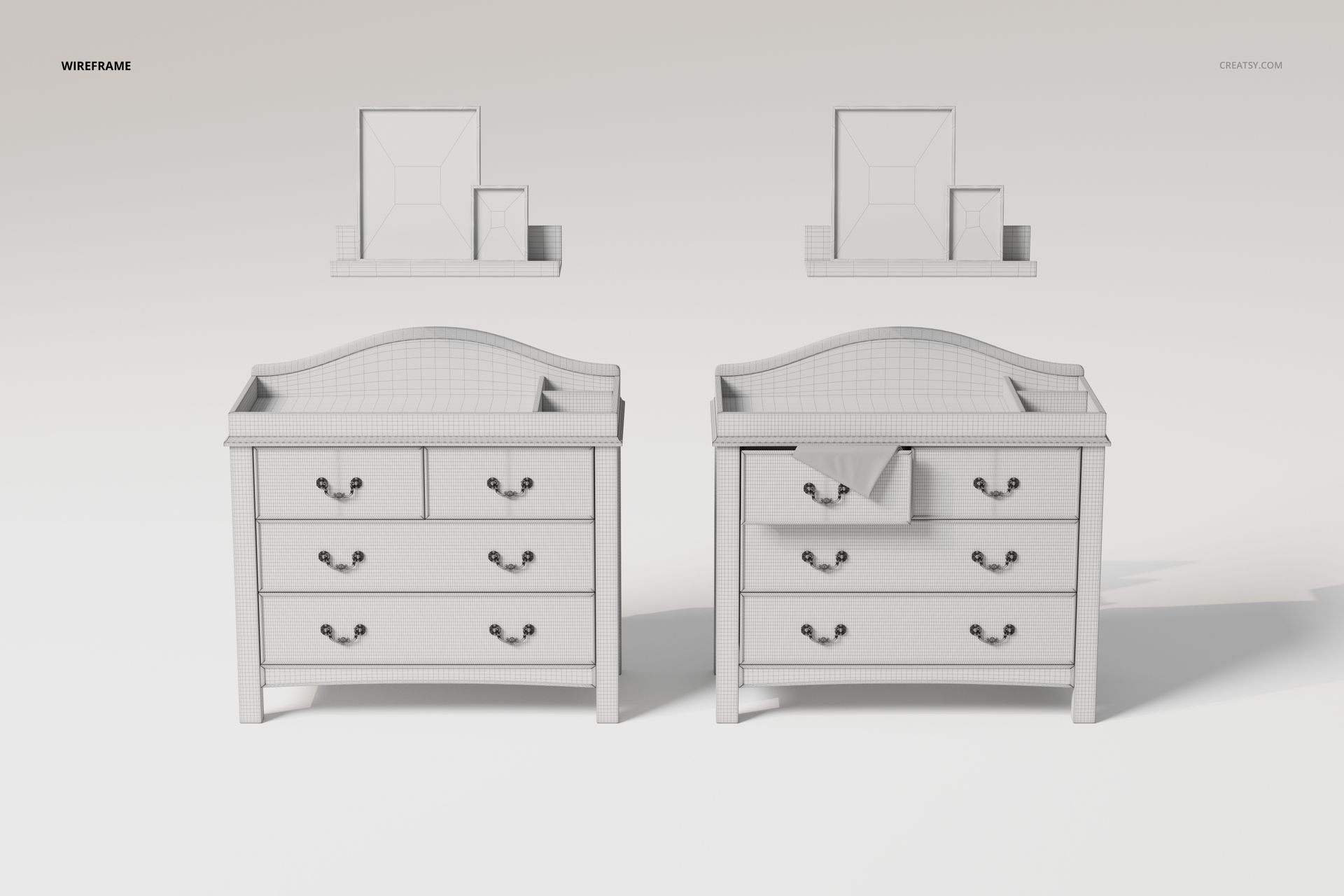 Front view of two baby nursery dressers in white wireframe style, each with three drawers and curved top edges.