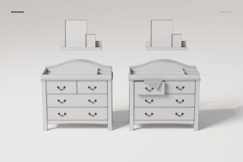 Front view of two baby nursery dressers in white wireframe style, each with three drawers and curved top edges.