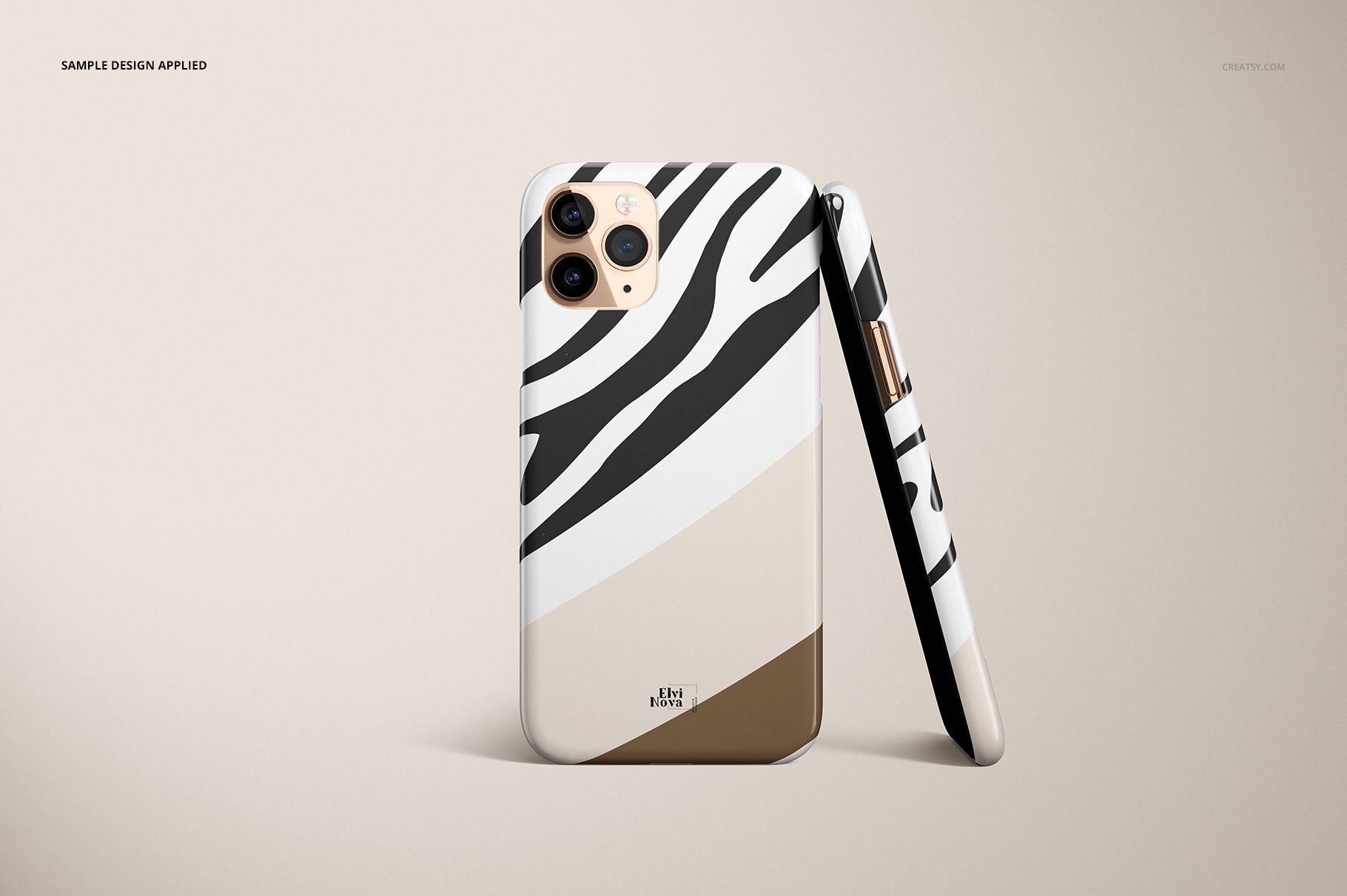 iPhone 11 Pro glossy snap case mockup featuring bold black and white stripes, displayed upright and angled on beige.