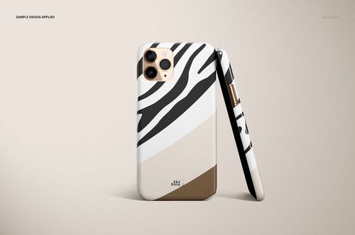 iPhone 11 Pro glossy snap case mockup featuring bold black and white stripes, displayed upright and angled on beige.
