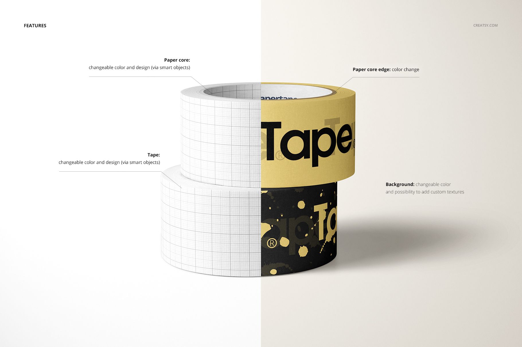 Two masking tape rolls displayed side by side, featuring editable grid and graphic designs, shown in a PSD mockup.