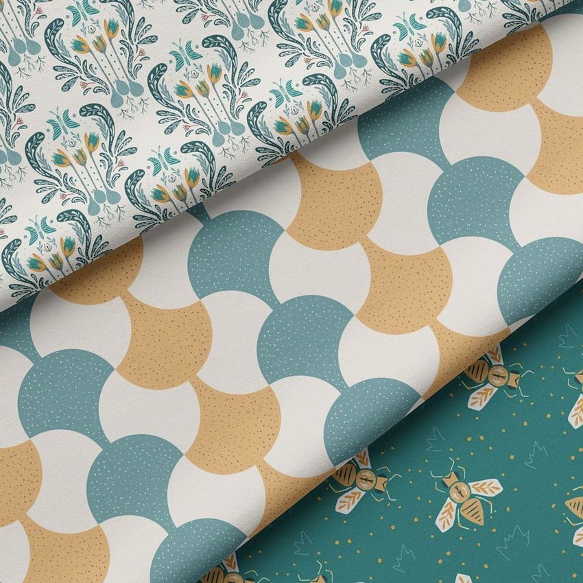 Double brushed polyester fabric mockup showing three fabric samples with different patterns in teal, beige, and white tones.