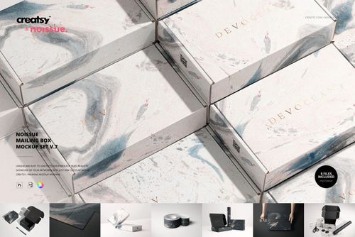 PSD mockup of packaging boxes with abstract marble patterns, shown from a slightly elevated front angle.