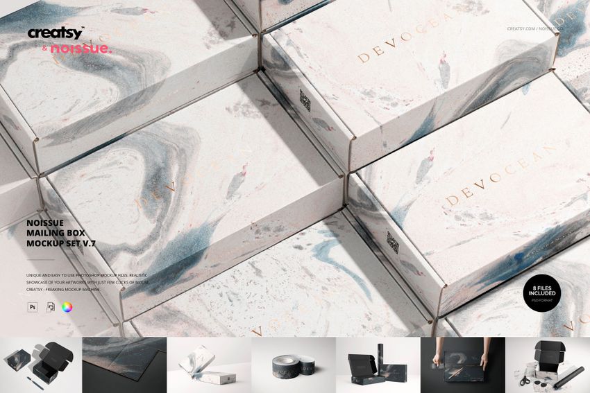 PSD mockup of packaging boxes with abstract marble patterns, shown from a slightly elevated front angle.