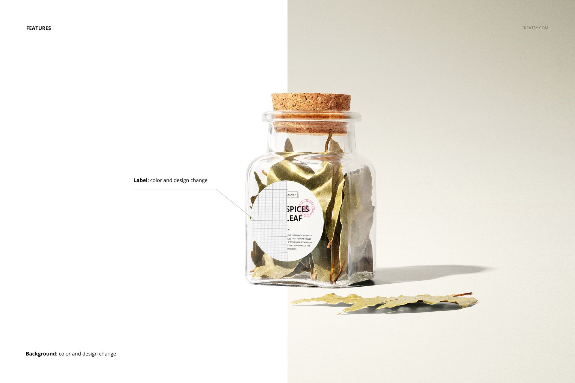 Bay leaf jar PSD mockup with customizable label, displayed with loose leaves beside the jar on a neutral background.