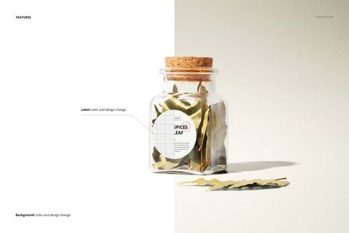 Bay leaf jar PSD mockup with customizable label, displayed with loose leaves beside the jar on a neutral background.