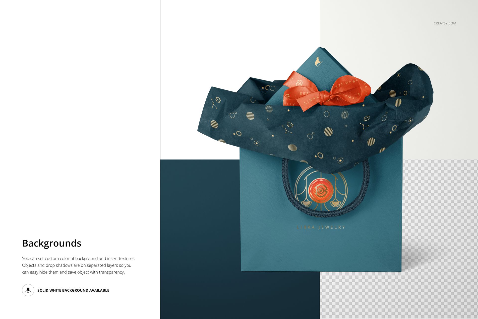 Blue jewelry box and bag mockup with dark patterned tissue paper and orange bow, displayed on a white and gray backdrop.