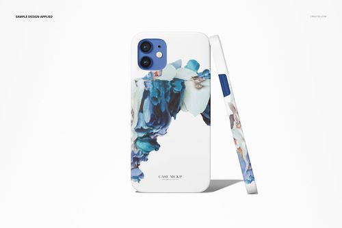 iPhone 12 matte snap case mockup featuring abstract blue and white flower artwork, displayed upright and sideways.