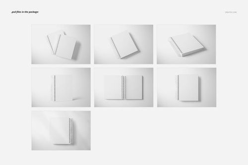 Wire-bound planner mockup set showing multiple white planners in various open and closed positions on a light background.
