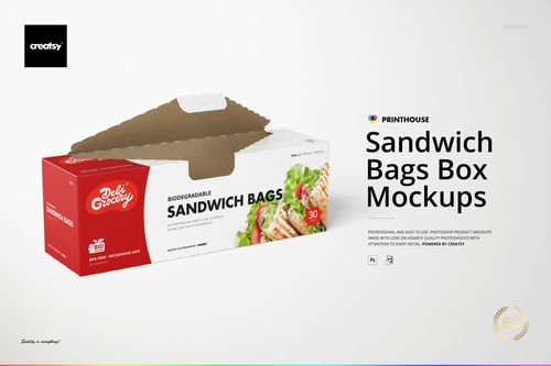 Front-facing sandwich bags box mockup featuring red and white packaging, open lid, and food graphics on a light surface.