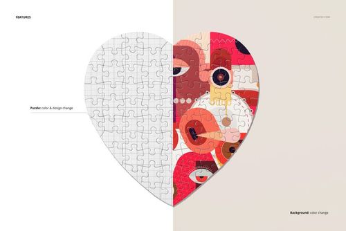 Heart-shaped jigsaw puzzle mockup shown from a top view, with half featuring a colorful abstract design and half blank.