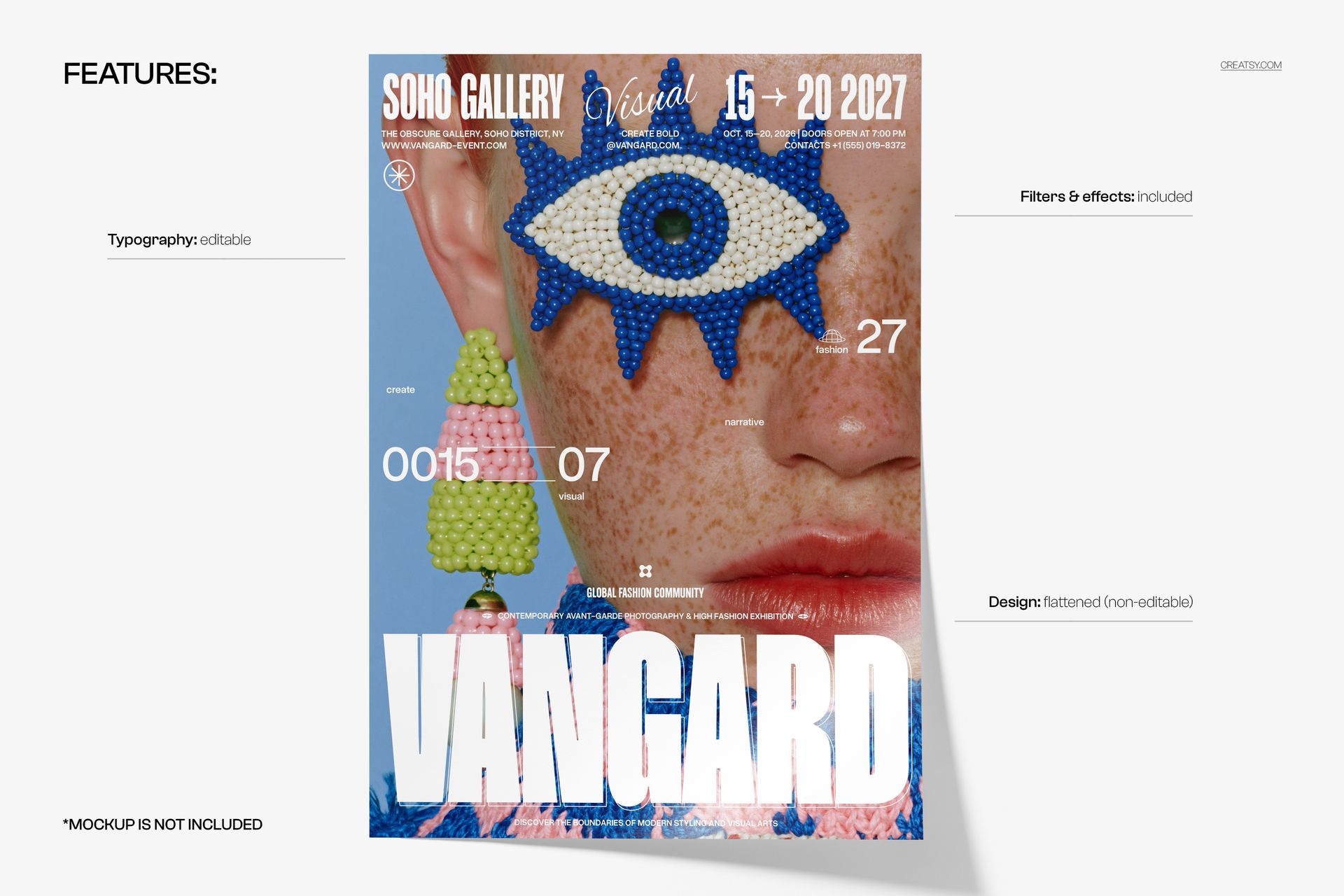 Front view of a poster mockup featuring a close-up of a face with colorful beaded earrings and a large blue eye motif.