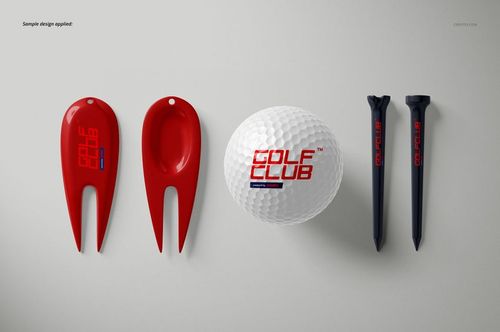Golf ball mockup with red divot tools and black tees placed side by side on a neutral background, top perspective.