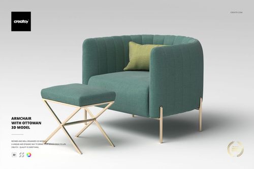 Modern armchair and ottoman set with gold metal legs, upholstered in teal fabric, shown from a front angle.