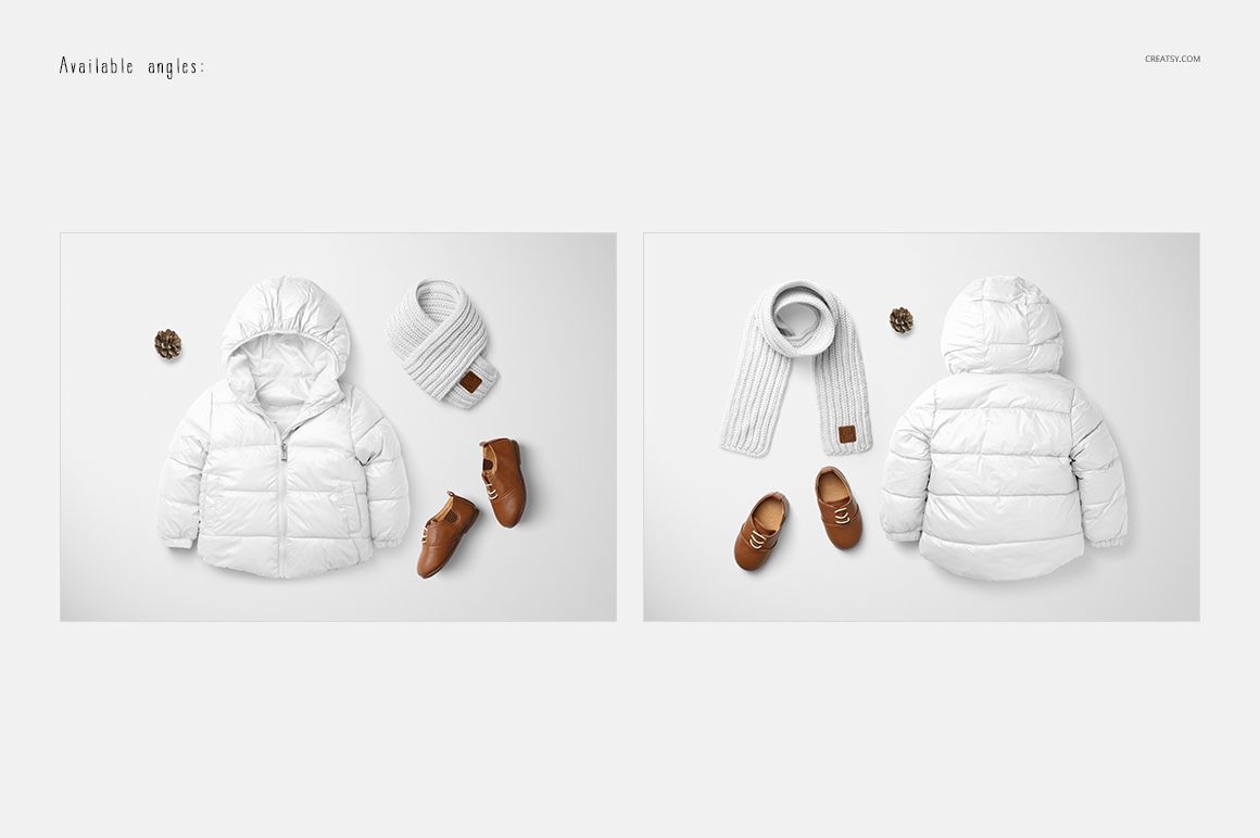 Kids winter set mockup featuring a white puffer jacket, matching scarf, brown shoes, and pinecone on a light background.
