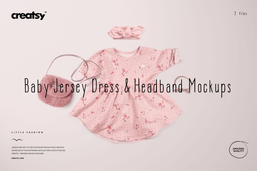 PSD mockup featuring a light pink baby jersey dress, coordinating headband, and purse, displayed from above on a neutral surface.