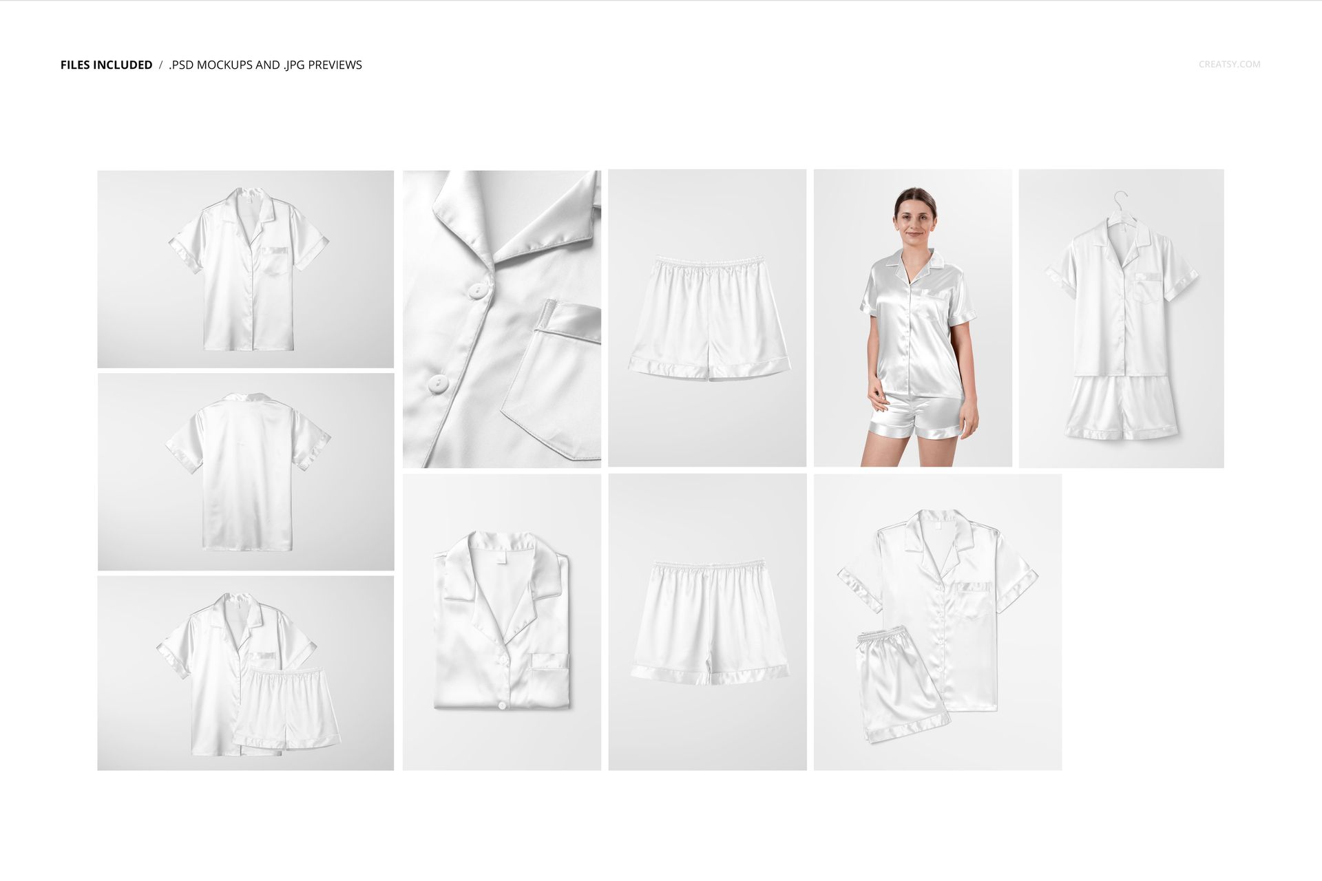 Silk short-sleeve pyjama mockup set displayed in various perspectives, showing shirt and shorts on a white background.
