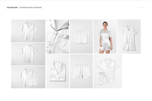 Silk short-sleeve pyjama mockup set displayed in various perspectives, showing shirt and shorts on a white background.