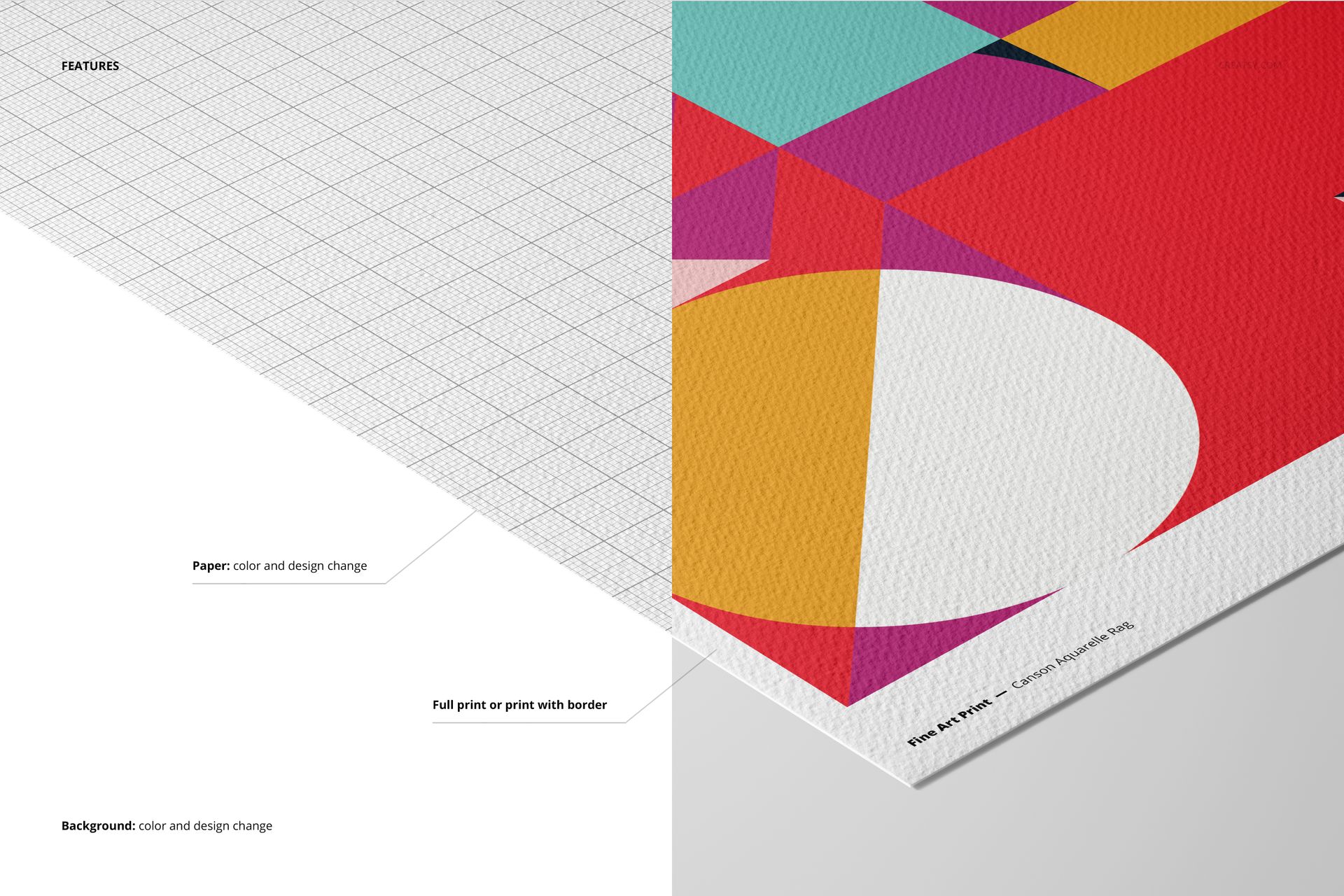 A3 fine art print mockup featuring a geometric abstract design in red, yellow, purple, and white, shown in close-up perspective.