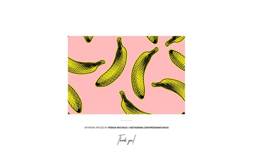 Rectangular socks mockup with a pop art banana pattern in yellow and black on a pink background, front view.
