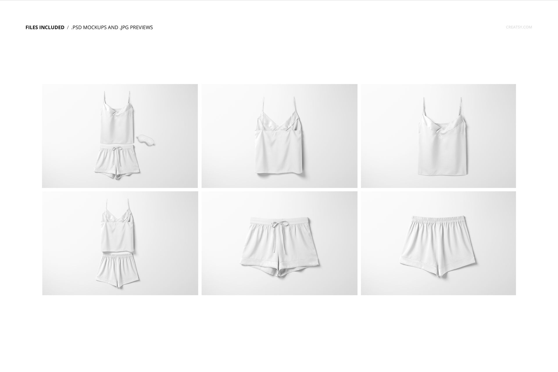 Short silk pajama mockup set displayed in six sections, showing top and shorts in white from a front view on a plain background.