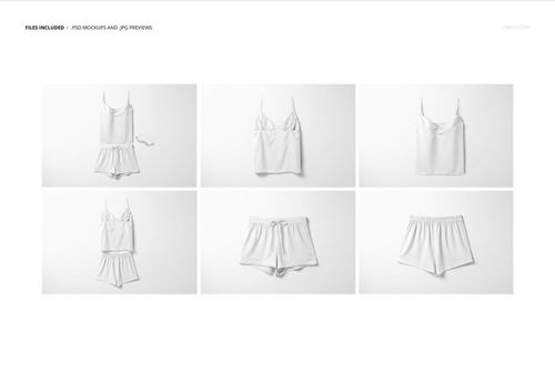 Short silk pajama mockup set displayed in six sections, showing top and shorts in white from a front view on a plain background.