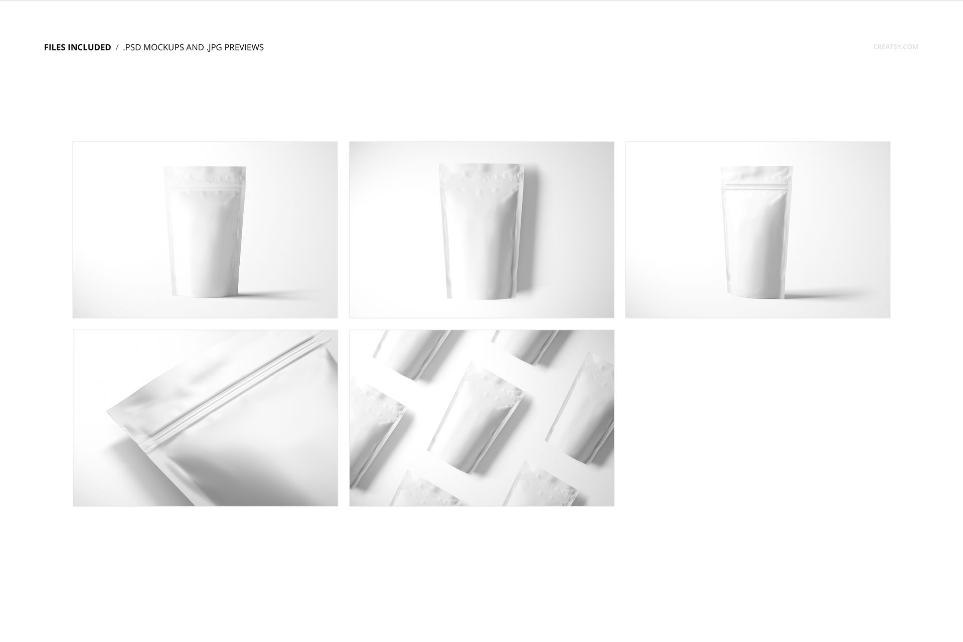 Stand up zip lock pouch mockup featuring multiple white pouches displayed from various angles on a white background.