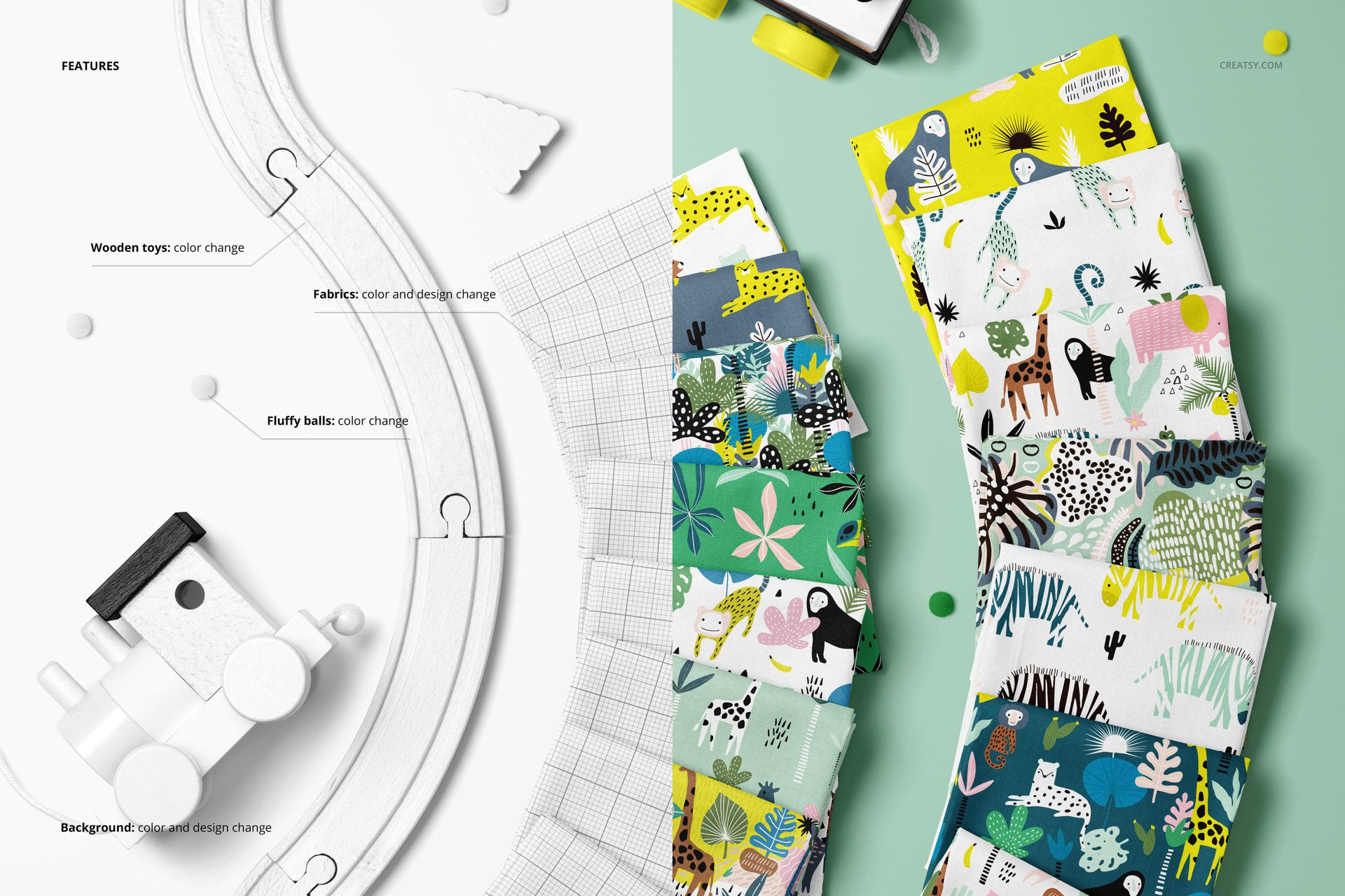 PSD mockup showing stacked cotton fabrics with whimsical patterns, set alongside curved wooden train tracks and toys.