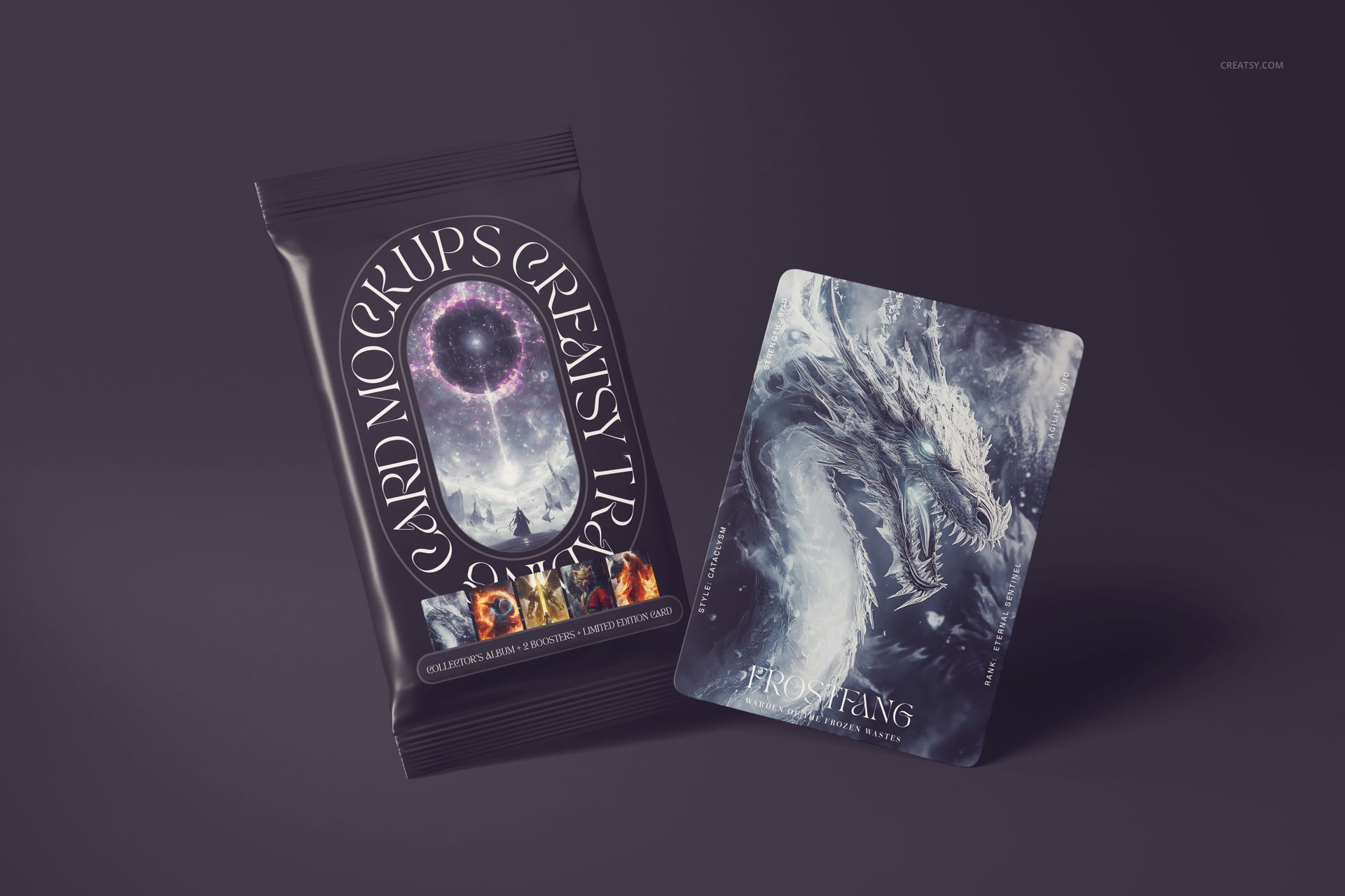 Front view of a trading card mockup set featuring a sealed black card pack and a fantasy dragon card on a dark surface.