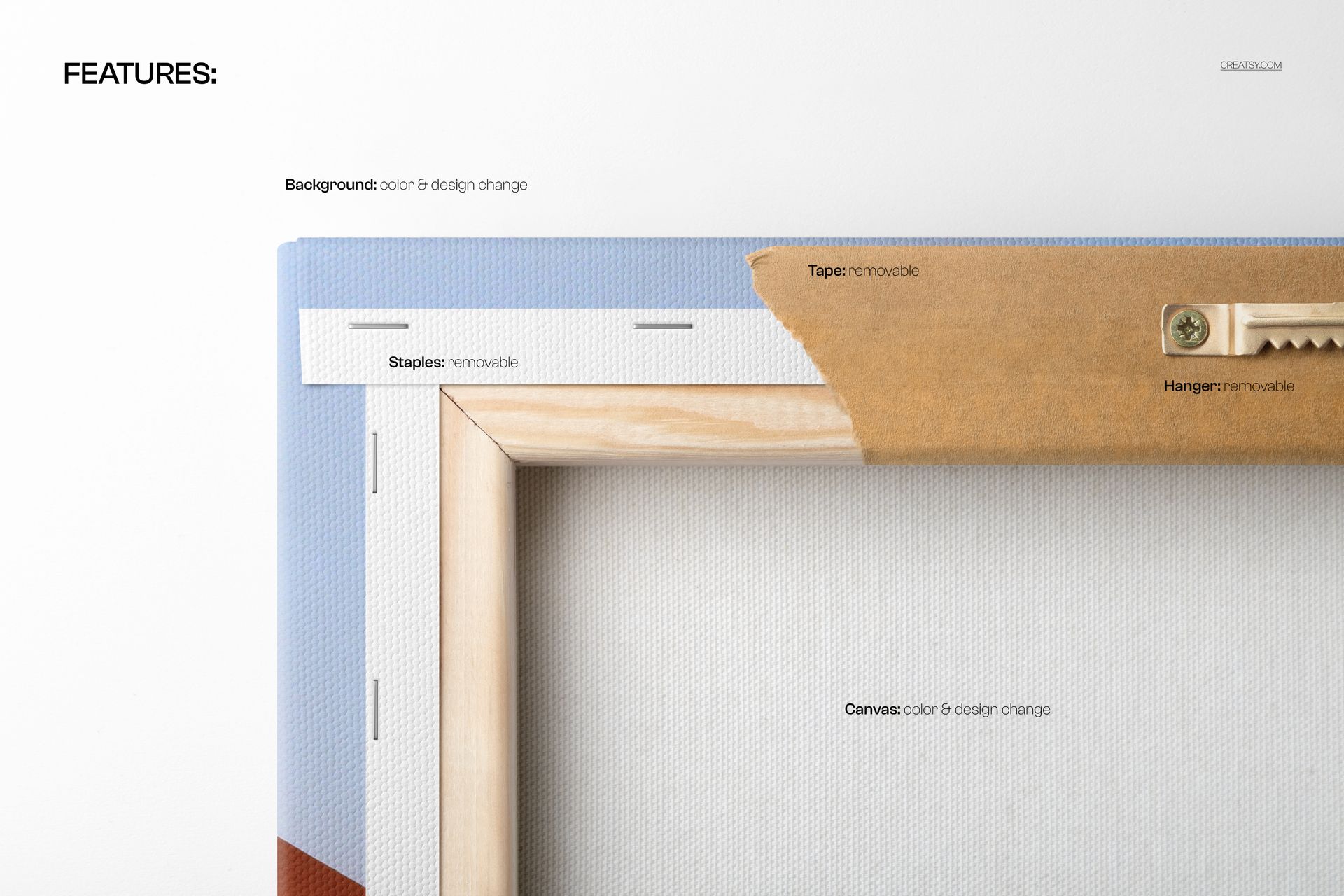 Close-up view of a cotton matte canvas mockup showing the gallery wrap edge, staples, and removable hanger on a white surface.
