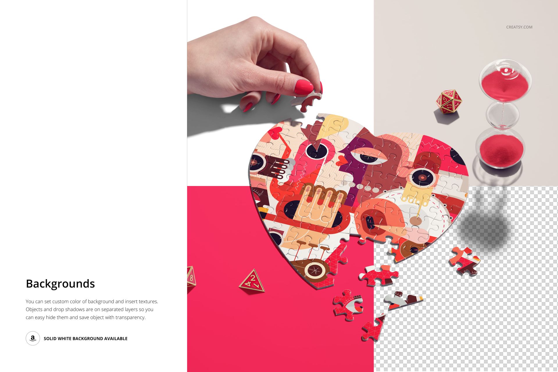 Top view of a heart jigsaw puzzle mockup with vibrant geometric artwork, hand placing a piece on white and pink surface.