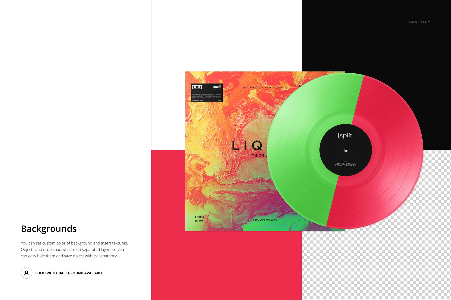 Front view of a split effect vinyl record mockup with vibrant green and pink colors, next to a colorful cover with abstract patterns.