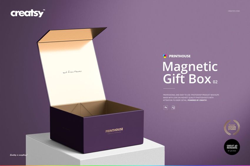 PSD mockup of an open magnetic gift box, featuring a purple exterior and gold lid, displayed from the front.