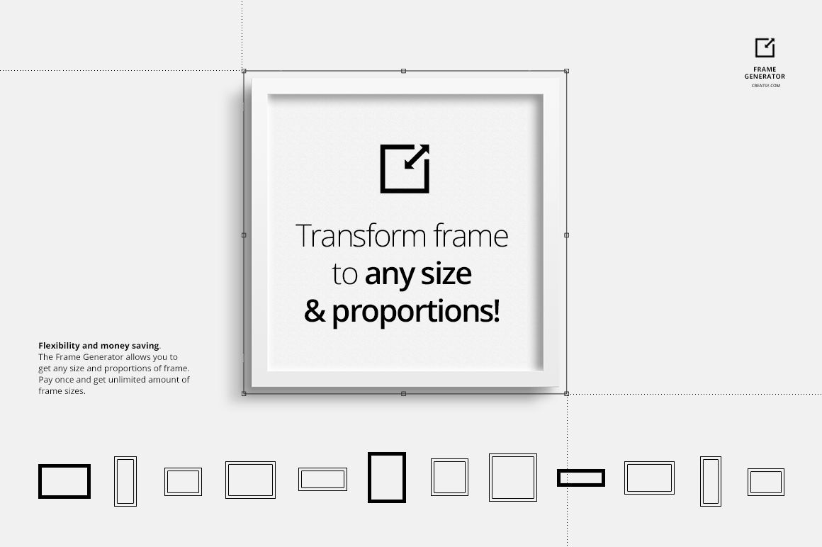 Front view of a white square frame mockup with customizable art print, surrounded by various frame shape outlines.