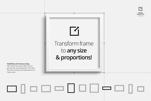 Front view of a white square frame mockup with customizable art print, surrounded by various frame shape outlines.