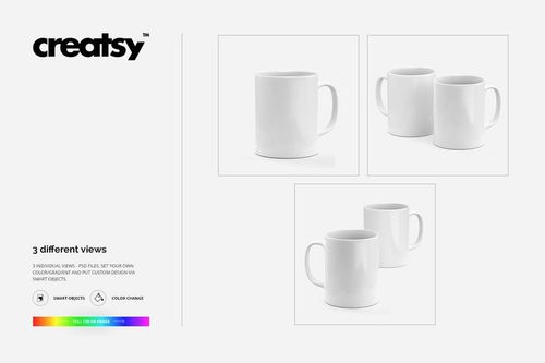 White ceramic mug mockup set featuring three different views, including single and grouped mugs on a plain background.