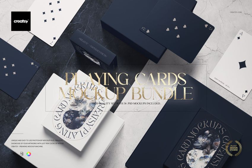 PSD mockup of playing cards and boxes featuring minimalist designs in blue and white, set on a marble tabletop.