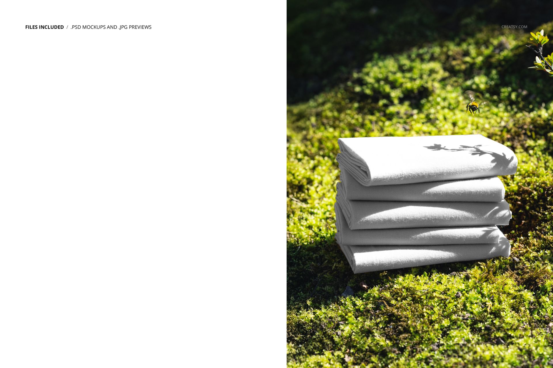 PSD mockup featuring a pile of plain white fabrics arranged on vibrant moss, photographed from a front perspective.