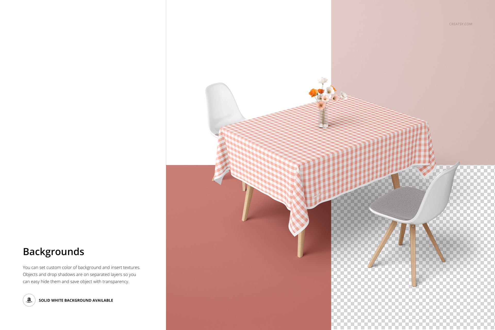 Tablecloth mockup featuring a pink and white gingham pattern on a rectangular table, with chairs and floral centerpiece.